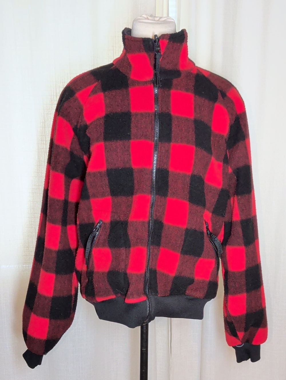 Men's Red & Black Check Fleece Bomber Jacket with Zip